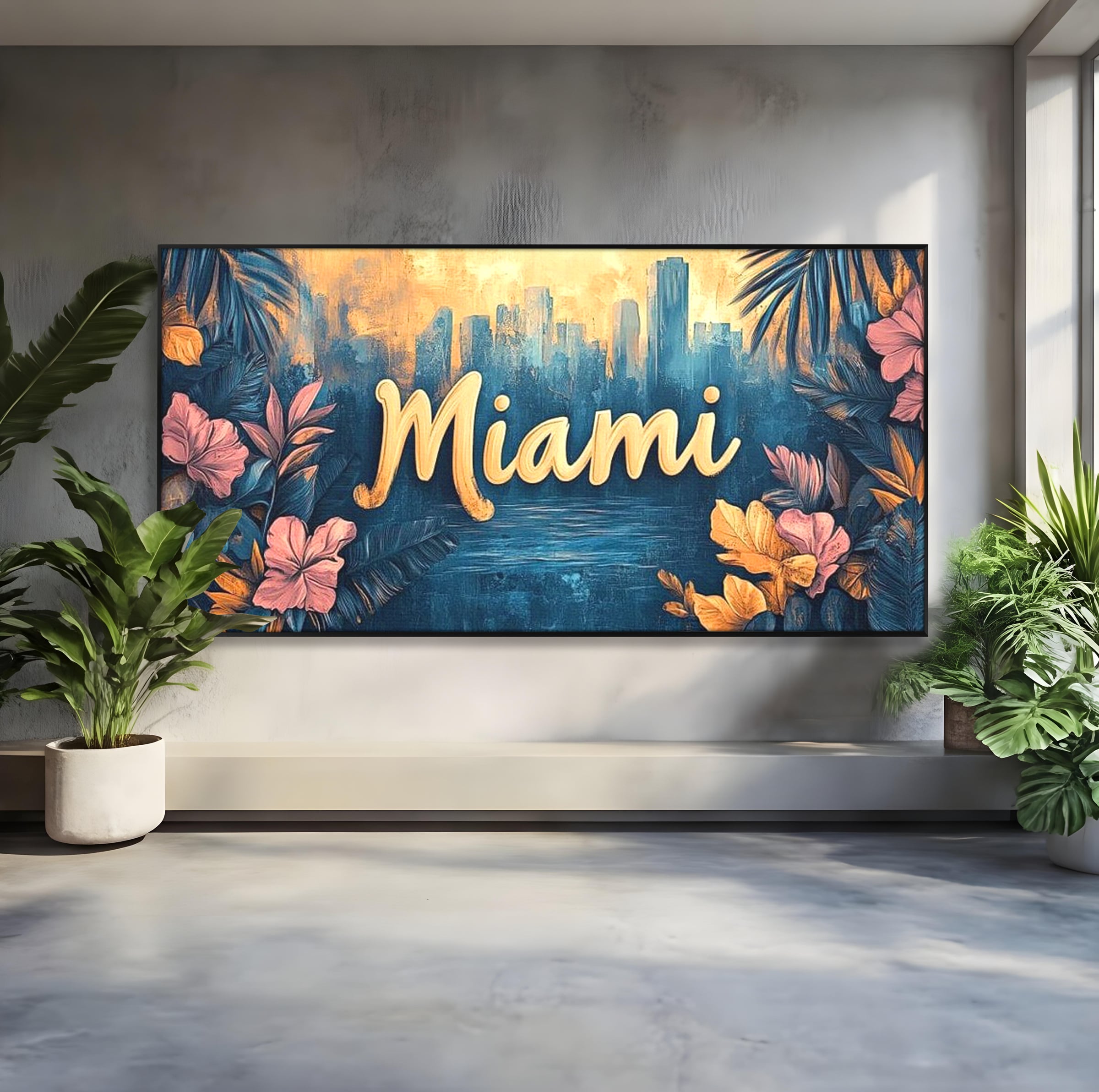 Tablou canvas cu tablou canvas cu peisaj urban miami, in rama de aluminiu negru